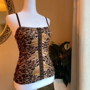 Unique Vintage Brown and Yellow Floral Camisole with corset look